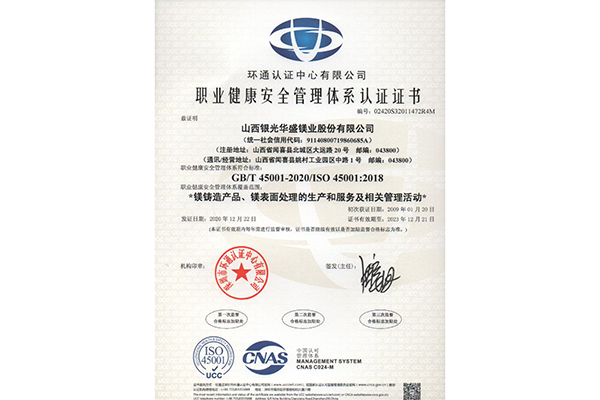 职业健康安全管理体系认证证书（铸造表面处理中文版）