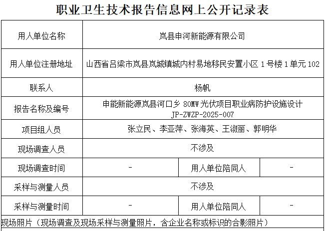 申能新能源岚县河口乡80MW光伏发电项目专篇职业卫生技术报告信息网上公开记录表