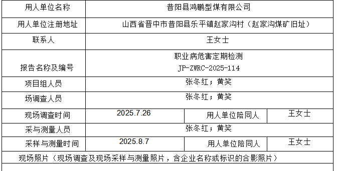 昔阳县鸿鹏型煤有限公司职业病危害因素定期检测