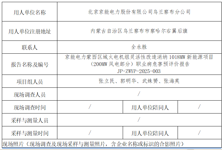 京能電力蒙西區域火電機組靈活性改造消納1018MW新能源項目（200MW風電部分）職業病危害預評價