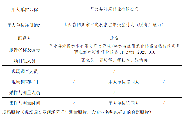 平定縣鴻振鋅業(yè)有限公司2萬噸年鋅冶煉用氧化鋅富集物技改項(xiàng)目職業(yè)病危害預(yù)評價(jià)