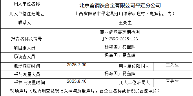 北京首鋼鐵合金有限公司平定分公司職業病危害也是定期檢測