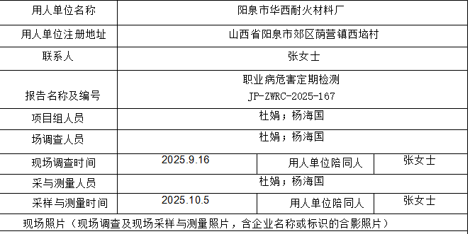 陽(yáng)泉市華西耐火材料廠職業(yè)病危害因素定期檢查
