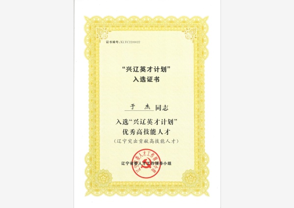 兴辽英才计划入选证书