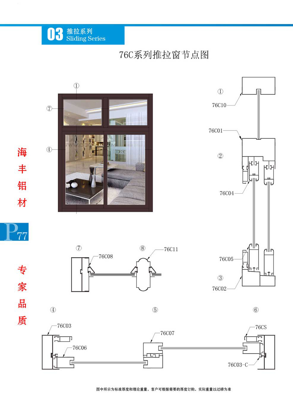 76C推拉窗系列型材节点图