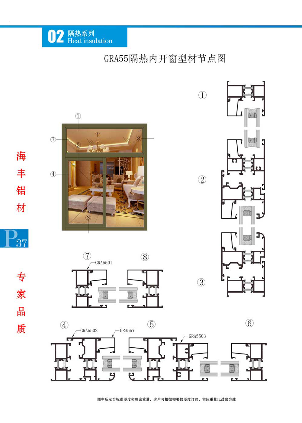 GRA55隔热内开窗型材节点图