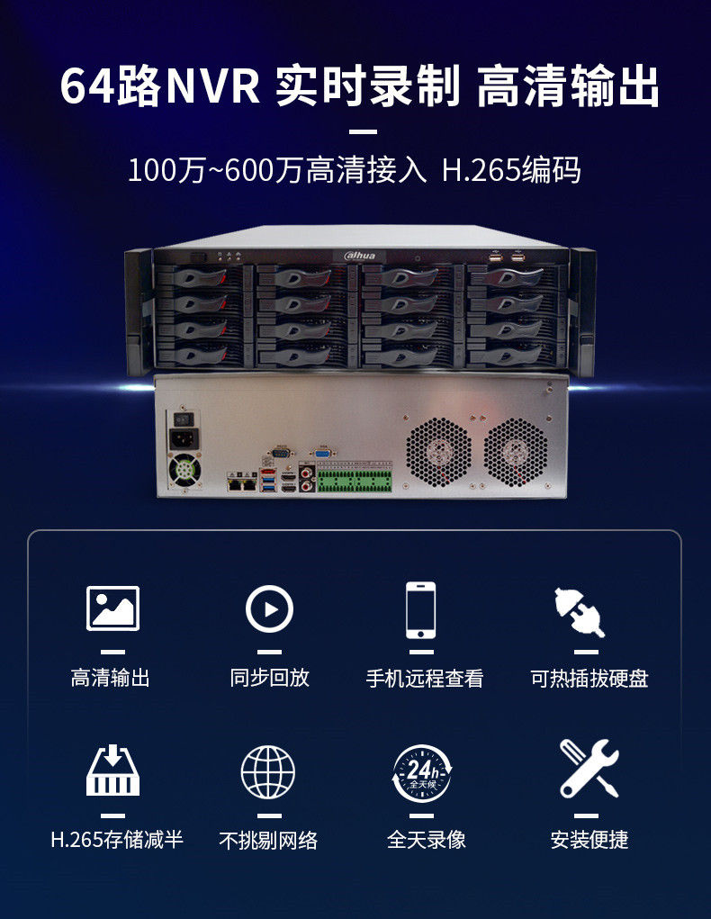 大華硬盤錄像機 64路16盤位錄像機 NVR網絡高清監控主機 H.265編碼 DH-NVR816-64-HDS2
